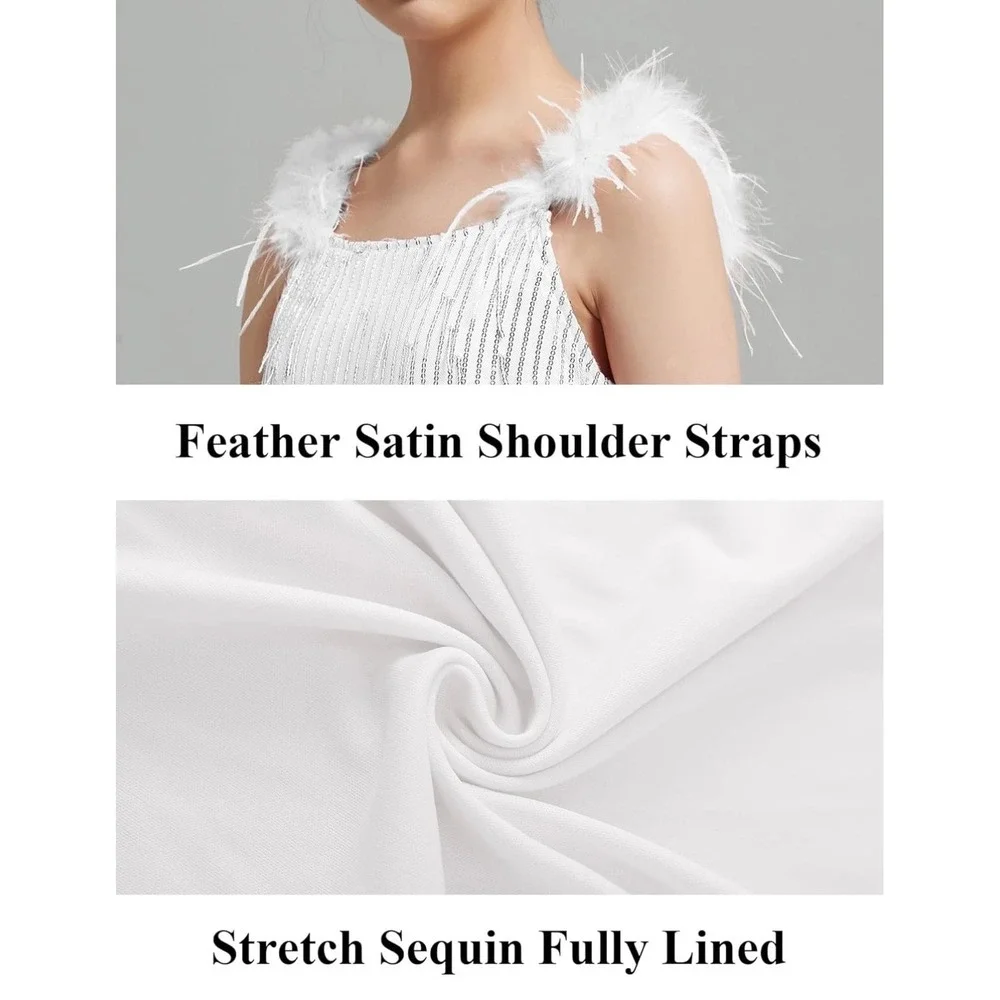EXARUS Girls White Silver Sequin‎ Fringe Dress Feather Straps Size 14Y Hair Bow